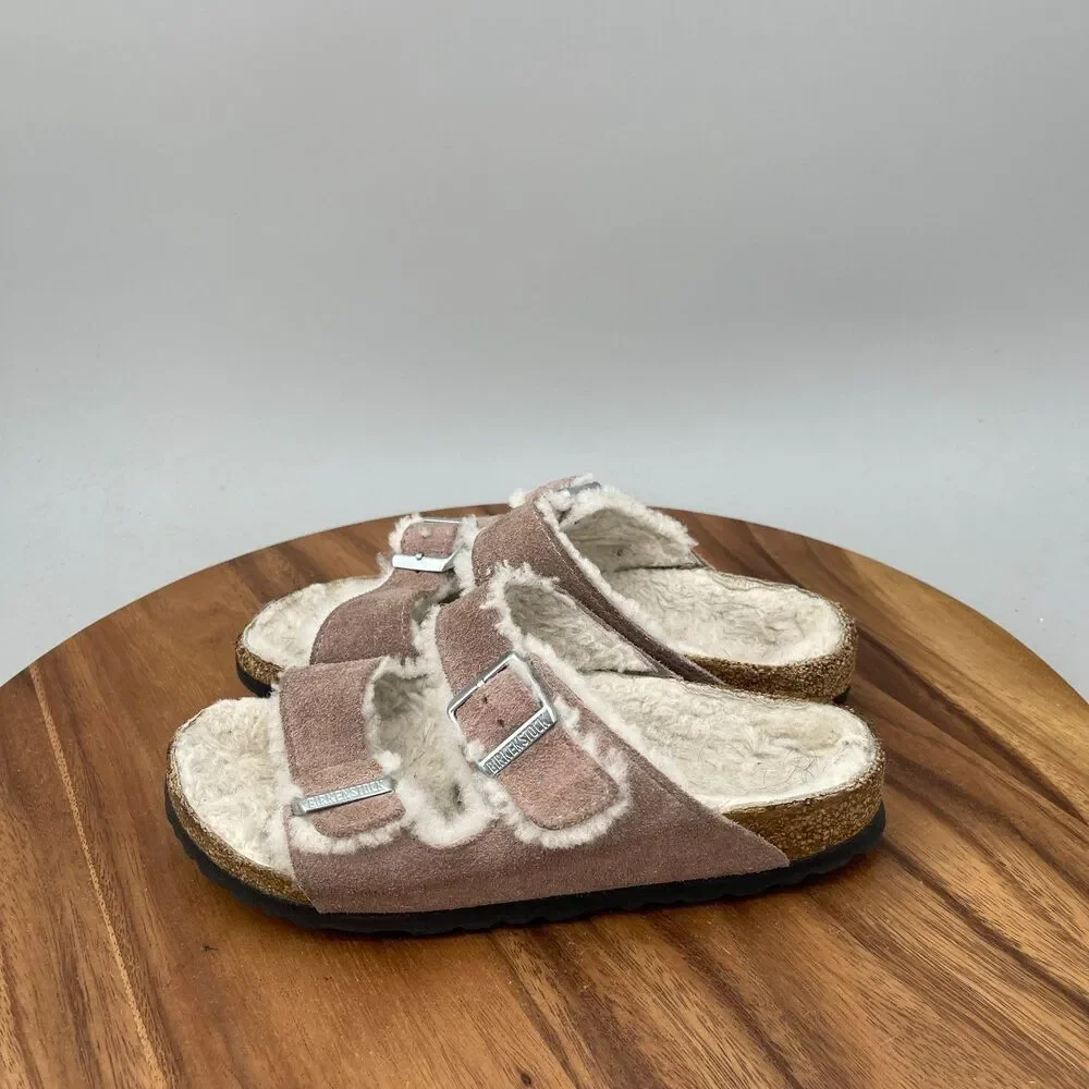 Birkenstock Arizona Shearling Sandals Womens 5 / 36 Suede Leather Dusty Pink